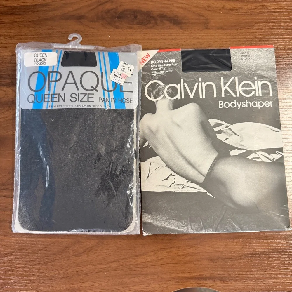 Vintage Calvin Klein Bodyshaper Pantyhose & Kmart Opaque Queen Black Hosiery Lot